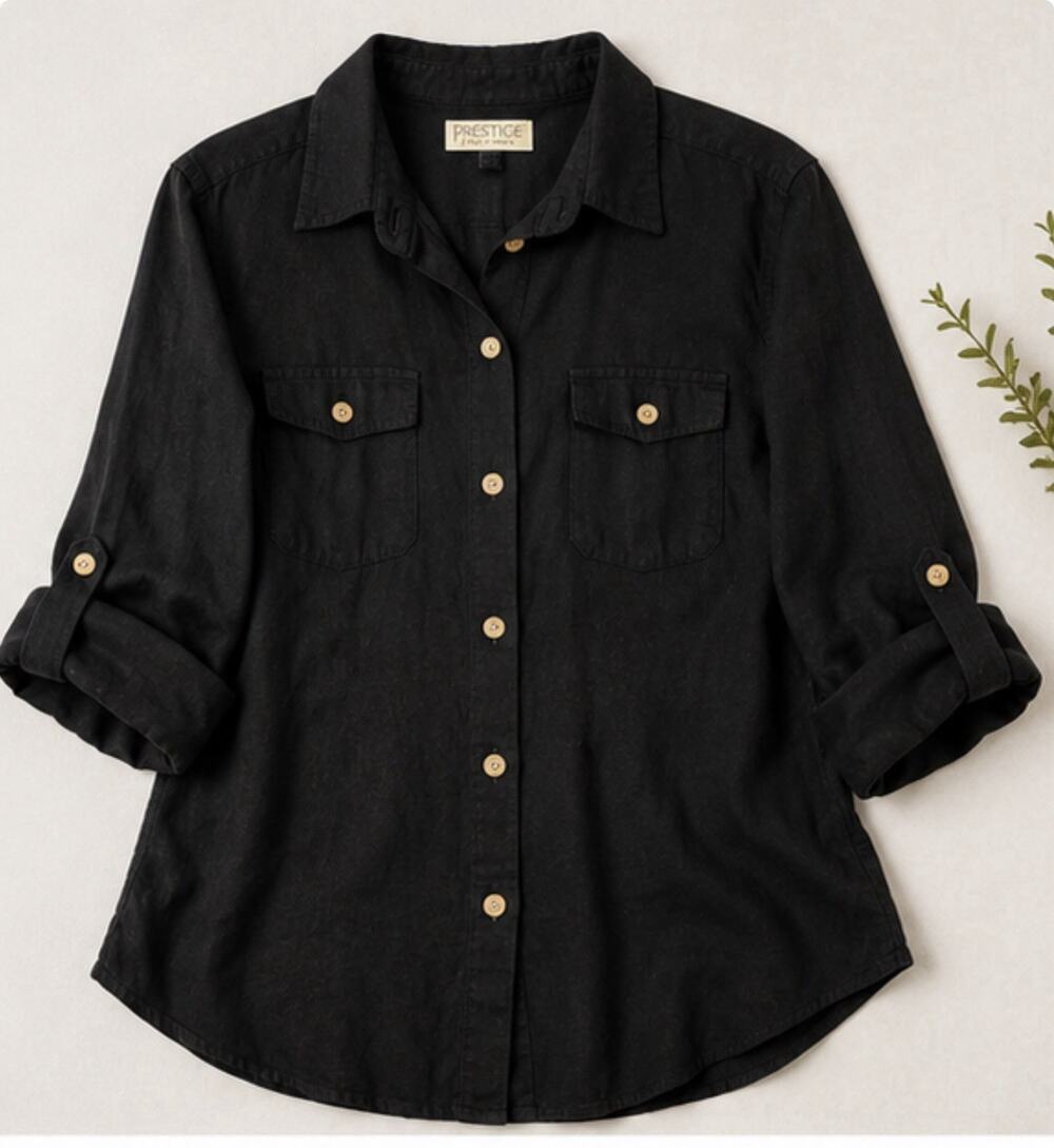 Prestige Sportswear Black Button Front Roll Tab Long Sleeve Shirt Women’s XL